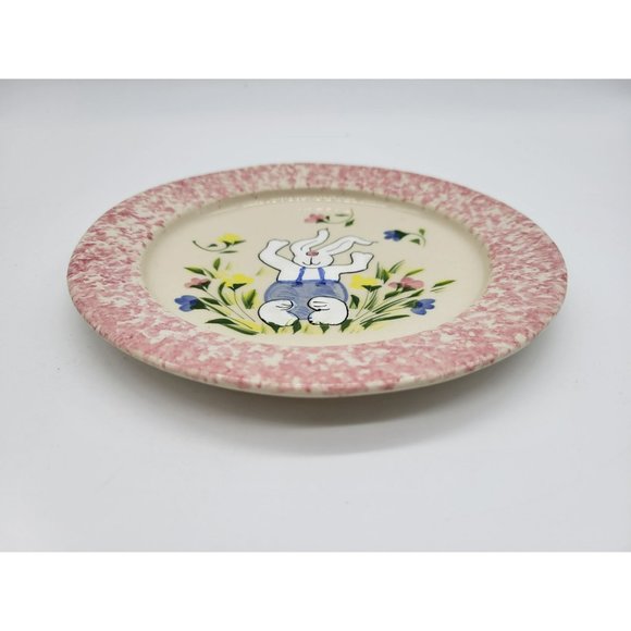 Vintage Happy Bunny Plate Garden White Rabbit Pink Spongeware Handmade Patton - Picture 5 of 8